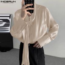 INCERUN Männer Hemd Einfarbig Shiny Lace Up Langarm Taste Lose Männer Kleidung Streetwear 2024, Koreanische Mode Casual Shirts