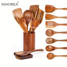 9-teilige Holzlöffel zum Kochen, Holzutensilien zum Kochen mit Utensilienhalter, Teakholz-Küchenutensilien-Set