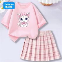 Modeset für Mädchen – Rosa, süßes T-Shirt mit Schleife und kariertem Rock, Sommer-Outfits für Teenager, Schüler, Schule, kurzärmelig, Oberteil und Unterteil
