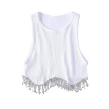 High Street Sexy Saum Quaste Diamant Perlen Stricken T Shirt Chic Kurze Camis Tank Dame Schlank Crop Weste Tops
