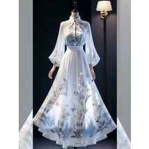 Zweiteilige Sets Damen-Outfits, Langarmbluse, Frühlings-Chiffon-Hemden, bedruckte Oberteile, A-Linie, hohe Röcke, plissierte Robe, Faldas 3127