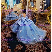 Quality Luxurious BlueTulle Fluffy Flower Girl Dress With Exquisite 3D Applique For Kids Wedding Birthday Evening Ball Gowns