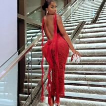 Sexy Spaghetti Strap Backless Floral Lace Dress Women Night Club Party See Through Tassel Prom Long Dresses Vestidos De Fiesta