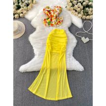 Chic vintage Spliced mermaid dress Fairy korean fashion sundress women clothing two-piece set