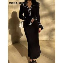 Frauen Casual Rüschen Gestrickte Langarm Kleid Revers Geknöpft Französisch Dünnes Langes Kleid Warme Bequeme Kleid Herbst Winter tragen