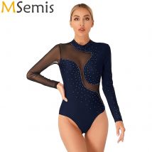 Glänzender Strass-Body für Damen, Gymnastik, Akrobatik, Eiskunstlauf-Kostüm, durchsichtiges Netz, langärmeliges Trikot, Ballett-Tanz-Outfit