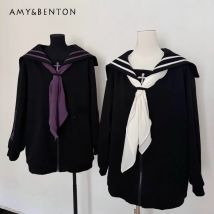 Japanese Subculture Mine Series Sweatshirt Gothic Cross Embroidery Navy Collar Long Sleeve Oversized Zipper Sweatshirt Jacket
