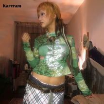 Karram Japanisch Y2K Crop Top Trashy 2000s Graffiti-Druck Langarm T-Shirt Grunge Ästhetik Vintage Streetwear Harajuku 90er Jahre