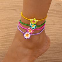 Cavigliera bohémien con fiori colorati dolci per donna, vintage, in argilla polimerica, fiore, perline di riso, cavigliere, braccialetti, gioielli con ciondoli per il piede