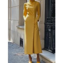 UOOZEE Bürodame, elegante Pendel-Maxikleider, 2025, neues Frühjahr, lange Ärmel, Stehkragen, einreihiges Abendkleid in Gelb