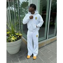 Set di maglioni con cappuccio con cerniera ricamata a righe retrò alla moda Set da due pezzi da uomo con cappuccio oversize ricamato con cappuccio all'anca