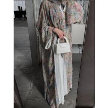 Elegante arabische traditionelle Strickjacke aus dem Nahen Osten, langärmelige Abaya-Robe mit Blumendruck und Kopftuch