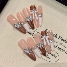 10 Stück braune künstliche Nägel im französischen Stil, weißer Rand, lange Mandel, sanfte handgefertigte künstliche Nägel mit Schleifen, Schmetterlingsnägel zum Aufdrücken