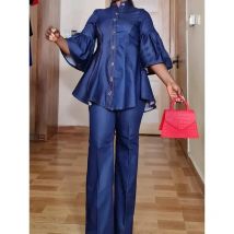 Frühling Mode Denim 2-teiliges Set Frauen Outfit Einfarbig Flare Hülse Taste Stehkragen Hemd Top Gerade Hosen Kausalen Anzug