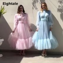 Eightale Rüschen Prom Kleider Arabisch Angepasst Lange Ärmel Schärpen Tüll Abendkleid Party Kleid vestidos para grad Ett