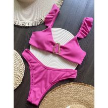 2025 Neues Damen-Bikini-Set, Rosenrot, 2-teiliger Badeanzug, Damen, sexy Rüschen, Hosenträger, rückenfrei, Strandurlaub, Badeanzug, Bademode