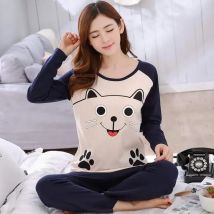 Conjunto de pijamas finos de 2 piezas de otoño para Mujer, conjuntos de pijamas de oso con cuello redondo para niñas, ropa de dormir completa de gato con taza de té, Tops para amantes, Pijama para