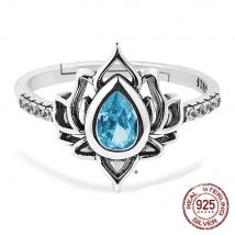 YILUOCD 925 Anelli regolabili in argento tailandese per le donne Fiore di loto Anello zircone colorato Boho Regalo di gioielleria femminile