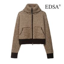 EDSA Women Contrast KNitted Faux Fur Cropped Jacket Long Sleevs High Collar Side Zipper Casual Female Bomber Jacket Coat