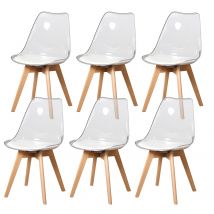 Ein Set mit 6 transparenten gepolsterten Esszimmerstühlen aus Acryl mit PU-Kissen und Beinen aus Buche für Küche, Esszimmer und Wohnzimmer