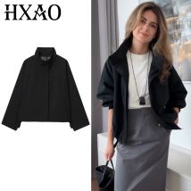 HXAO Kurze schwarze Windjacke für Damen, Herbst 2022, Übergröße, mit Reißverschluss, langärmelig, Mantel, winddicht, Stehkragen, Oberbekleidung