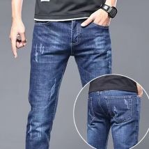 Stilvolle klassische Business-Casual-Jeans für Herren, vier Jahreszeiten tragen schwarz-blaue Hosen, Leggings mit mittlerer Taille, Denim-Stoff-Hosen für Männer