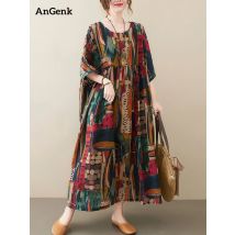 Short Sleeve Cotton Linen Vintage Print Summer Long Dresses For Women 2025 Casual Loose Holiday Ladies Dress Elegant Clothes