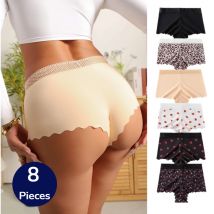 BZEL 8PCS Damen-Unterwäsche, modische Boxershorts mit hoher Taille, Leopardenmuster, hohl, charmant, sexy Dessous, atmungsaktiv, gemütlich, Boyshorts, Verkauf