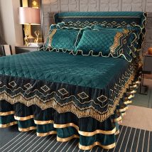 AI WINSURE-European Lace Velvet Bedspreads Quilted, King Size, Luxury, Retro Soft Bedskirt Set, with 2 Pillow Shams, Queen