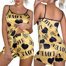 Y2K Sexy Love Heart Print Satin Pyjama Set Damen Spaghettiträger Cami Top Rüschen Shorts Zweiteilige Nachtwäsche Loungewear Set