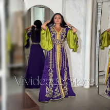 Purple Luxury Evening Arabian Mexican Women V Neck Tank Sleeve Embroidered Belt Decorative Hem Floor Prom Dresses Customized