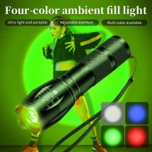 Multifunktionale tragbare RGB-Taschenlampe mit vier Farben, schwarzes Feld, Notlicht, Abenteuer, Camping, wasserdicht, wiederaufladbar über USB