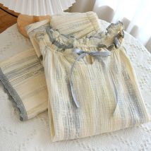 Spitze V-Kragen Baumwolle Crepe Doppel Schicht Pyjamas Set Für Frauen Herbst Mode Nachtwäsche Freizeit Langarm Homewear Anzug