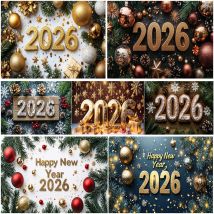 Tło fotograficzne na Boże Narodzenie 2026, Szczęśliwego Nowego Roku, baner, złote płatki śniegu, gałązka sosny, dekoracje na przyjęcie domowe, tło do zdjęć