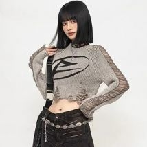 American Vintage Distressed Cropped Pullover Damen Langarm Street Knit Top Subkultur O Neck Ripped Harajuku Y2K Pullover