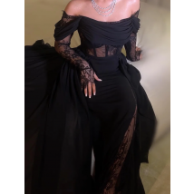 Jirocum Elegantes A-Linie-Abschlussballkleid für Damen, schulterfrei, Spitze, Abendkleid, Schwarz, bodenlang, Kleider für besondere Anlässe, individuell gestaltet