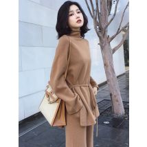 Roll kragen pullover weitb einige Hosen Set Damen Sets einfarbig weiblich lässig zweiteilig Anzüge lose Strick Robe Femme Vestido