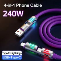 Cavo dati in lega di alluminio siliconico liquido USB tipo C con ricarica super veloce funzionante 4 in 1 da 240 W per iPhone Huawei Samsung Xiaomi