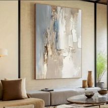 Großes Abstraktes Handgemaltes Leinwandgemälde Beige Blau Grau Minimalistische Kunst Strukturierte Wandkunst für Wohnraumdekoration Original-Kunstwerk