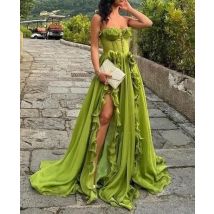 Damen-Abschlussballkleider aus Chiffon mit Schlitz, trägerlosen Rüschen, Knopfleiste, Schnürung am Rücken, bodenlang, formelles Partykleid, Cocktailkleid