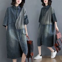 VWBQNZ Oversized Short Sleeve Denim Dress 2025 Summer Fashion Loose Vintage Splice Denim Dress Women Casual Clothing
