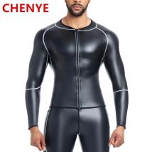 Neue Männer Leder Hosen Leder Jacke Weiße linie Kunstleder Langarm Hemd Männlich Body Shaper Taille Trainer Korsetts Zip Shirts