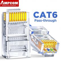 AMPCOM RJ45 Złącze przelotowe CAT6 CAT5E Wtyczka modułowa Końcówki sieciowe UTP 3U 50u Pozłacany końcówka zaciskana 8P8C do kabla Ethernet