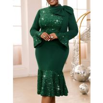 Elegant Green Shiny Sequined Dresses with Bow Long Flare Sleeves Mermaid Christmas African Brithday Party Occasion Event Robes