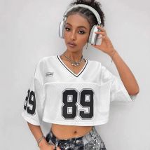 Y2K Streetwear 2000er Jahre Kurzarm Digitales Muster Lose T-shirts Hip Hop Mode Lässig V-ausschnitt Sport Kurze Tops Frauen Kleidung