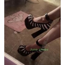 Lady Gladiator, gestreiftes Design, Plateau-Schnallenriemen, Mary Janes, klobiger Absatz, Schwarz, Weiß, Runway-Mikrofonfarbe, neu eingetroffene Pumps, Größe 46