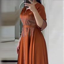 Rhinestone Solid Color Women's Autumn Dress Sexy V-neck Long Sleeved Pleated Prom Dress 2025 Elegant Satin Swing Party Dresses