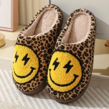 Leopard Print Hause Hausschuhe für Frauen Cartoon Lächeln Weiche Sohle Baumwolle Rutschen Frau Neue Winter Warme Plüsch Hausschuhe Nette Houseshoes