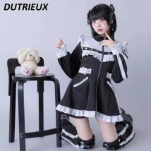 Japanische süße Mädchen Spitze langärmelige farblich passende Kleid Mine Rüschen Rand Stehkragen Taille Reißverschluss Frühling Damenkleider