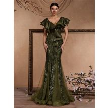 Lucyinlove Elegante Rüschenärmel Grüne Pailletten Abendkleider Für Frauen Meerjungfrau Formale Party Maxi Ballkleider Cocktailkleid